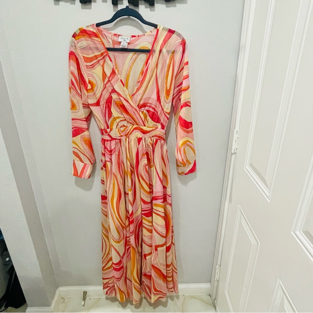 Alexa B Nites Retro Pattern Long Sleeve Sheer Maxi Dress Womens Size 8
